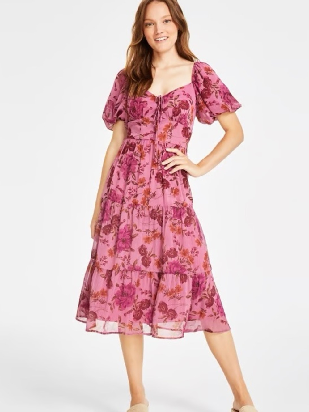 City Studio Mauve Floral Midi Dress with Puff Sleeves